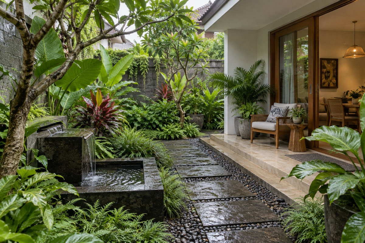 Jalur taman tropis setelah hujan